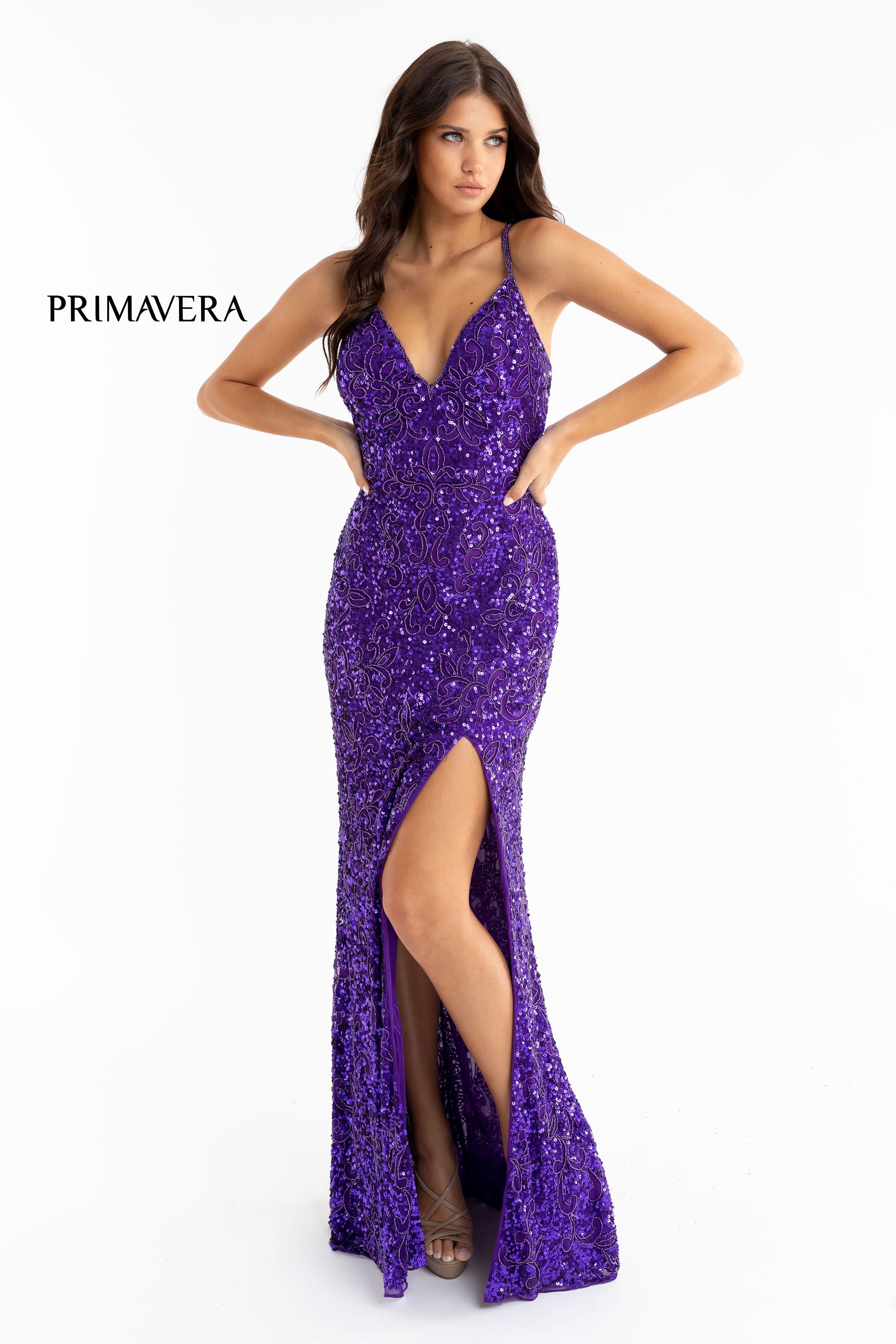 Full Sequin Beaded Dress With V Neckline 02 By Primavera Couture -3295