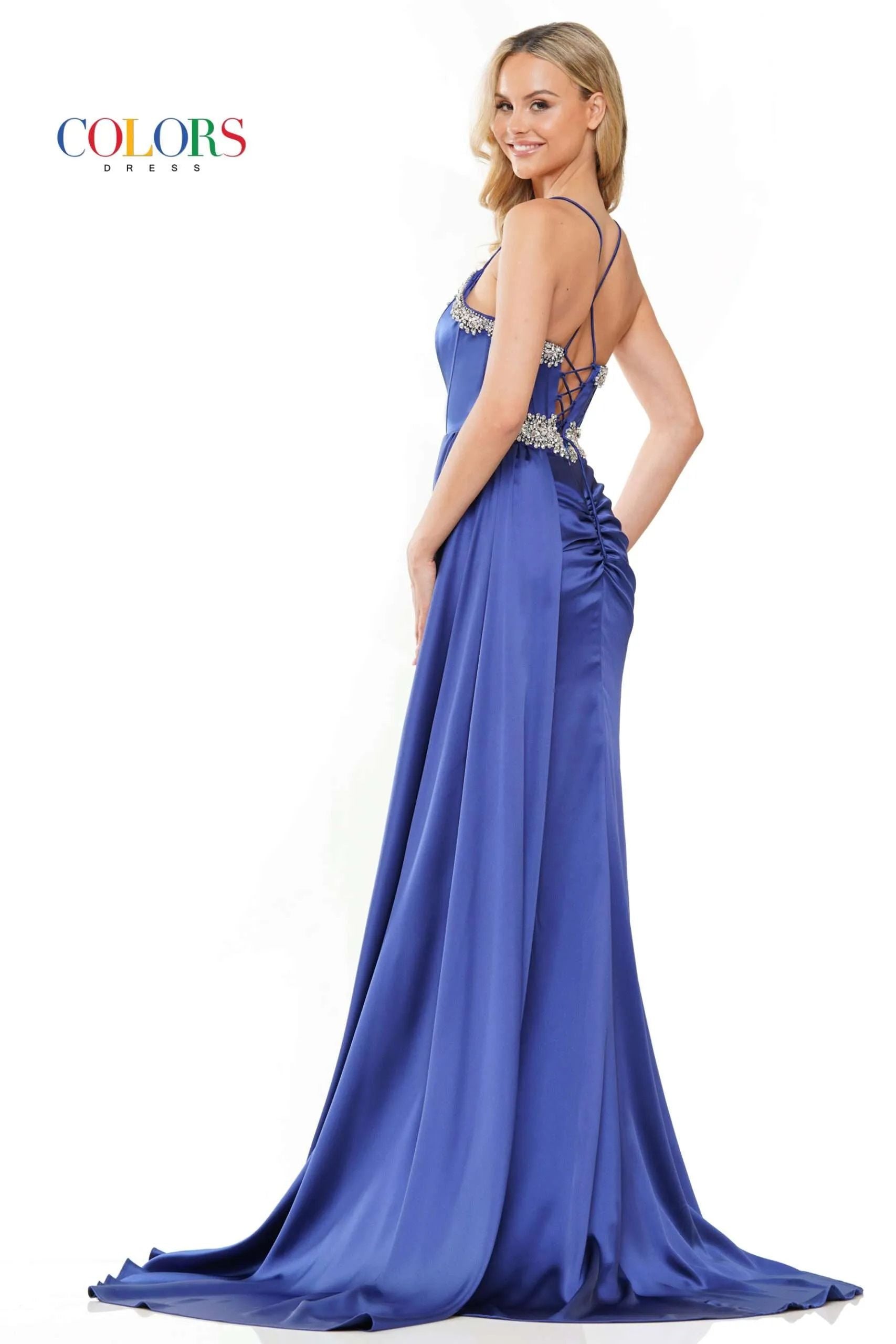 Colors Dress -3305 V-Neck Beaded Satin Stretch Dress