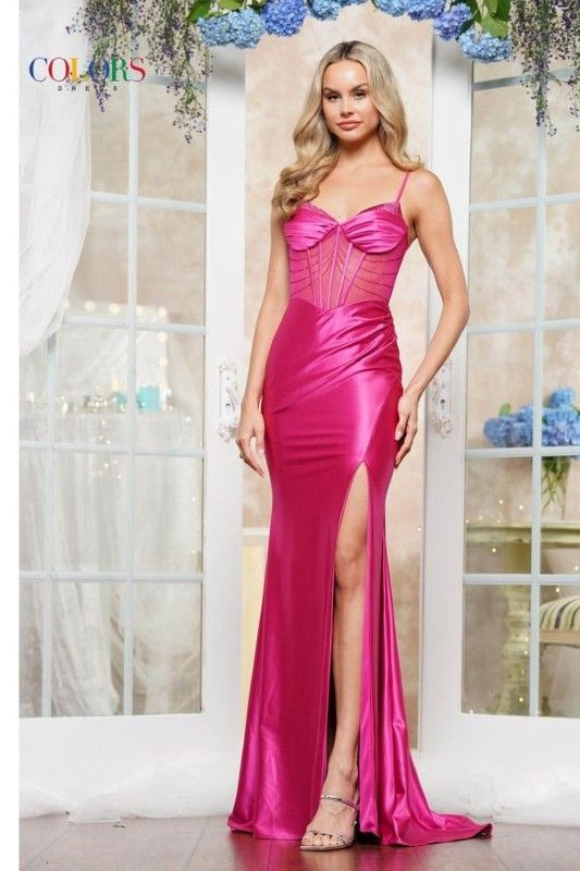 Colors Dress -3419 Fitted Corset Bodice Satin Sheath Dress