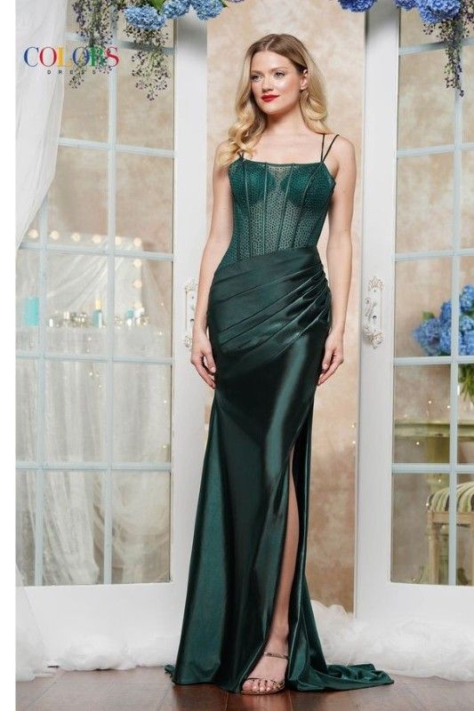 Colors Dress -3421 Corset Bodice Draped Satin Sheath Dress