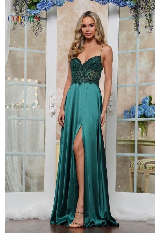 Colors Dress -3436 Lace Applique Satin A-Line Dress