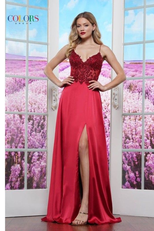 Colors Dress -3436 Lace Applique Satin A-Line Dress