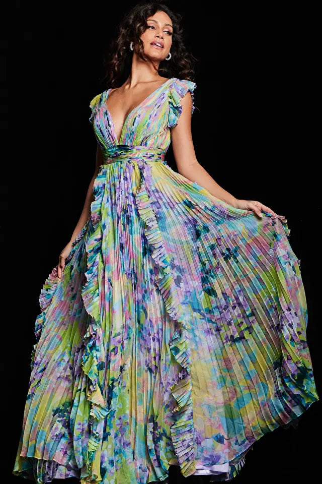 Jovani -34412 Floral Print Pleated Skirt Long Dress