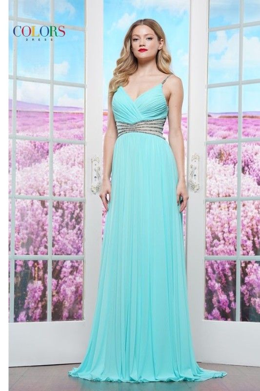 Colors Dress -3441 Ruched Bodice Mesh A-Line Dress