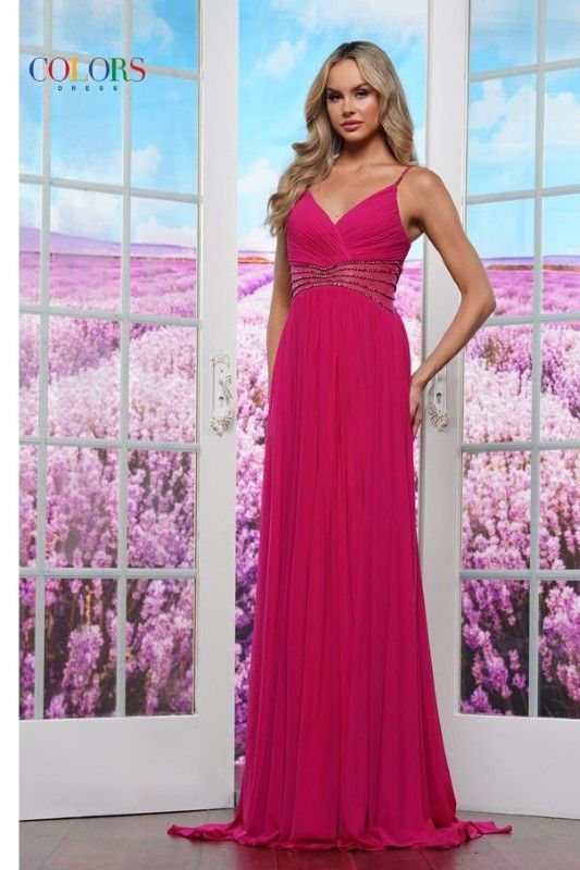 Colors Dress -3441 Ruched Bodice Mesh A-Line Dress