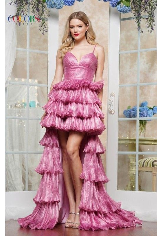 Colors Dress -3462 Crinkle Organza Ruffle High Low Dress