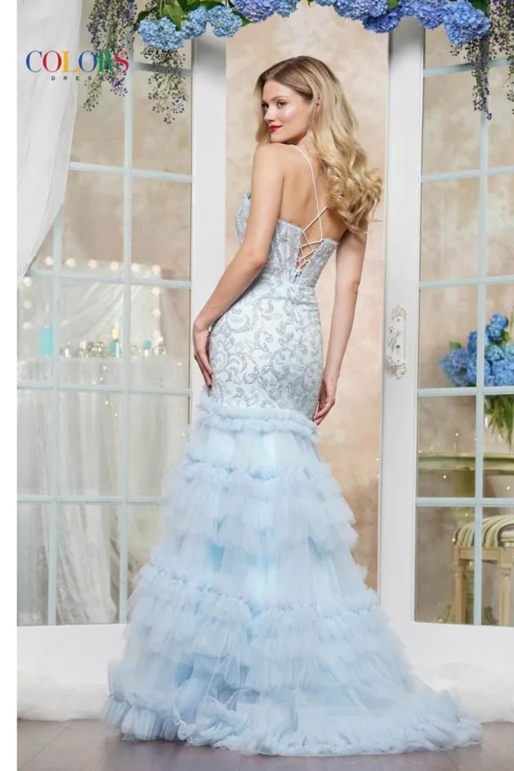 Colors Dress -3463 V-Neck Ruffle Beaded Mermaid Dress