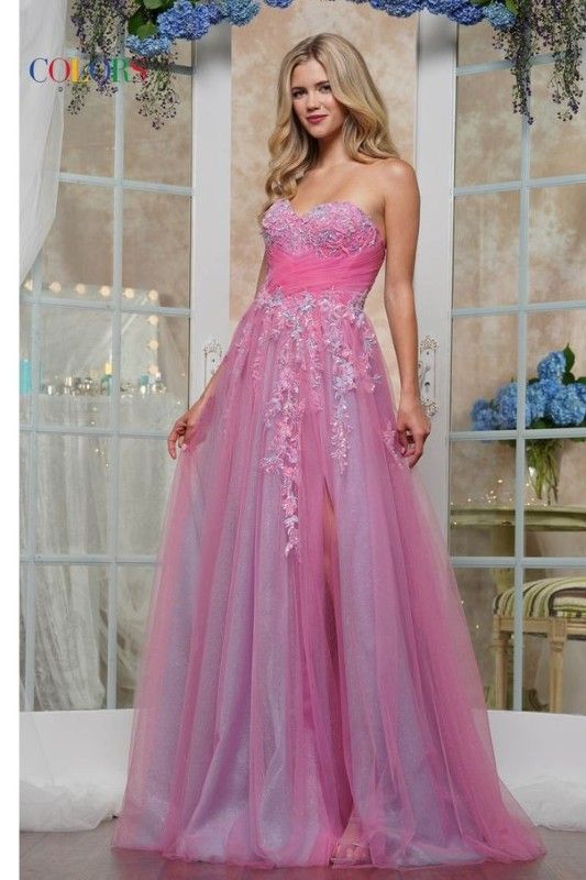 Colors Dress -3473 Strapless Lace Applique A-Line Dress