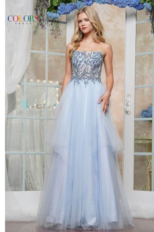 Colors Dress -3475 Beaded Bodice Strapless Tulle A-Line Dress