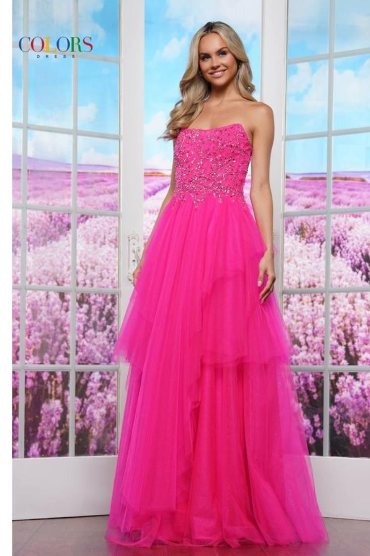 Colors Dress -3475 Beaded Bodice Strapless Tulle A-Line Dress