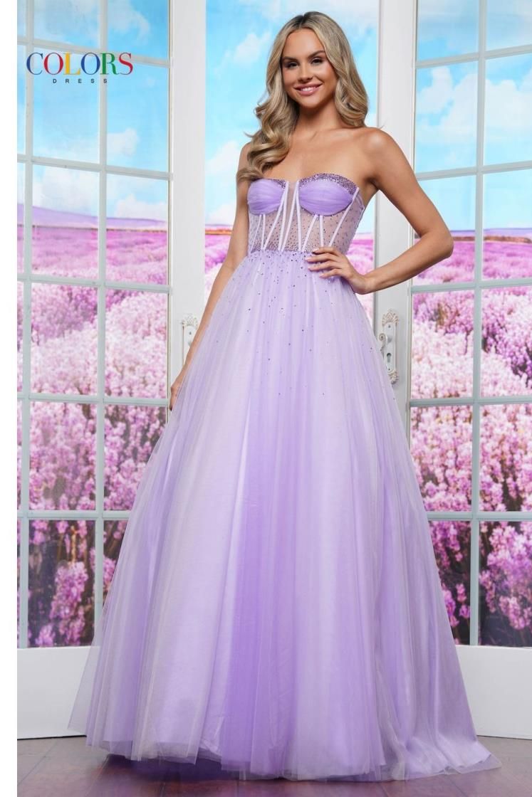 Colors Dress -3480 Strapless Corset Bodice Tulle Ball Gown