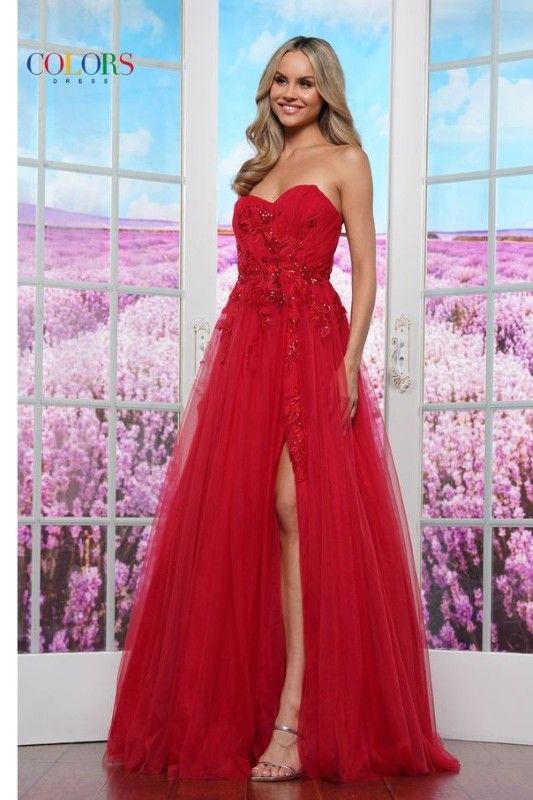 Colors Dress -3484 Lace Applique Strapless Ball Gown