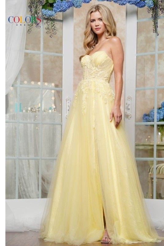 Colors Dress -3484 Lace Applique Strapless Ball Gown