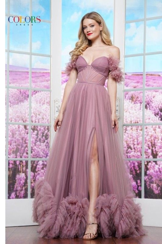 Colors Dress -3485 Off Shoulder Tulle Ruffled Ball Gown