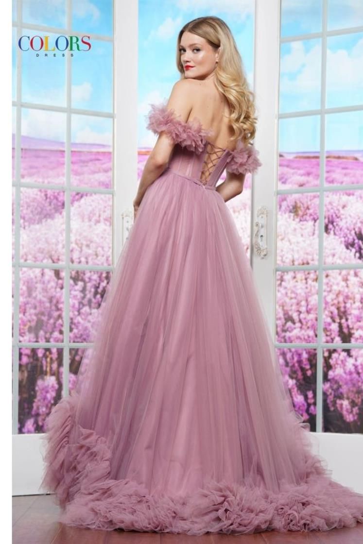 Colors Dress -3485 Off Shoulder Tulle Ruffled Ball Gown