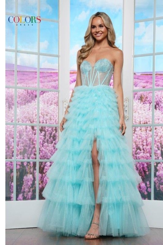 Colors Dress -3492 Corset Bodice Ruffle Glitter Ball Gown