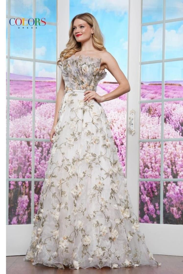 Colors Dress -3502 Draped Bodice Floral A-Line Dress