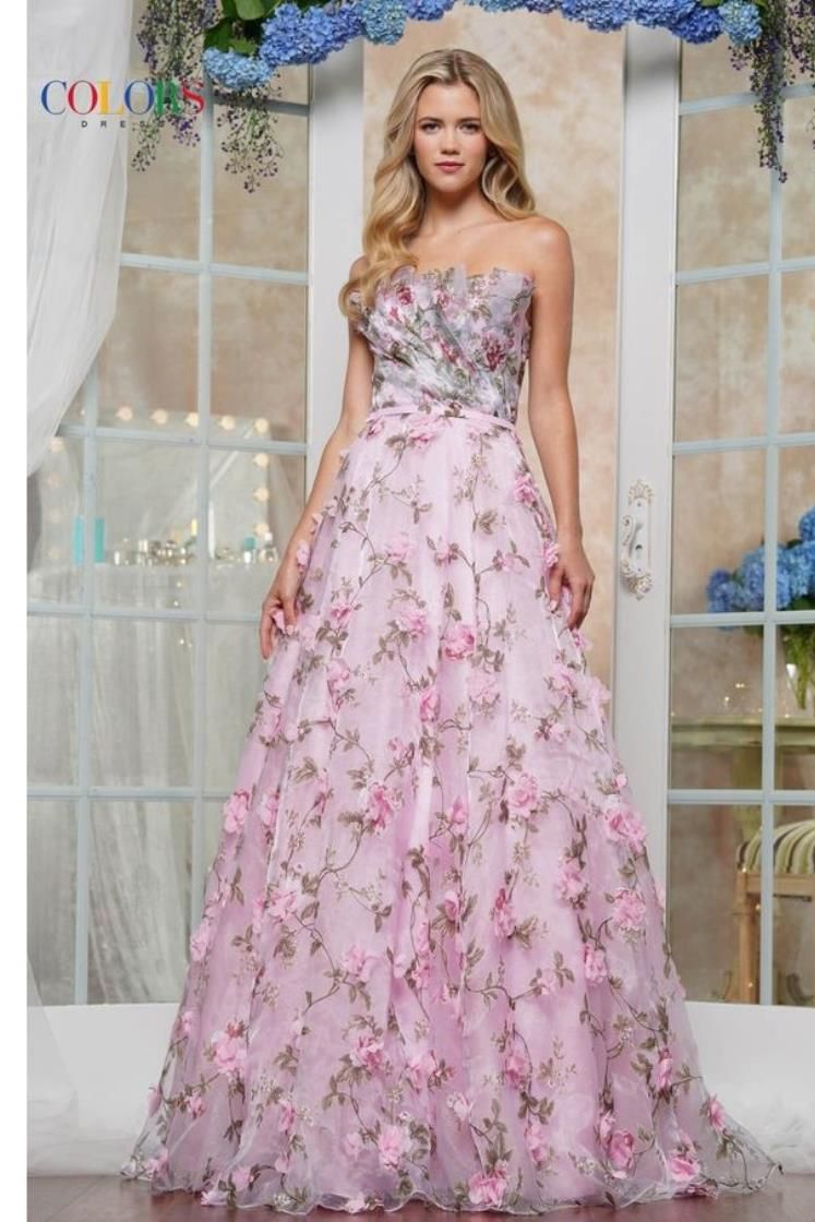 Colors Dress -3502 Draped Bodice Floral A-Line Dress