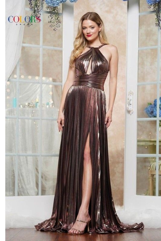 Colors Dress -3519 High Neck Pleated Metallic Sheath Dress