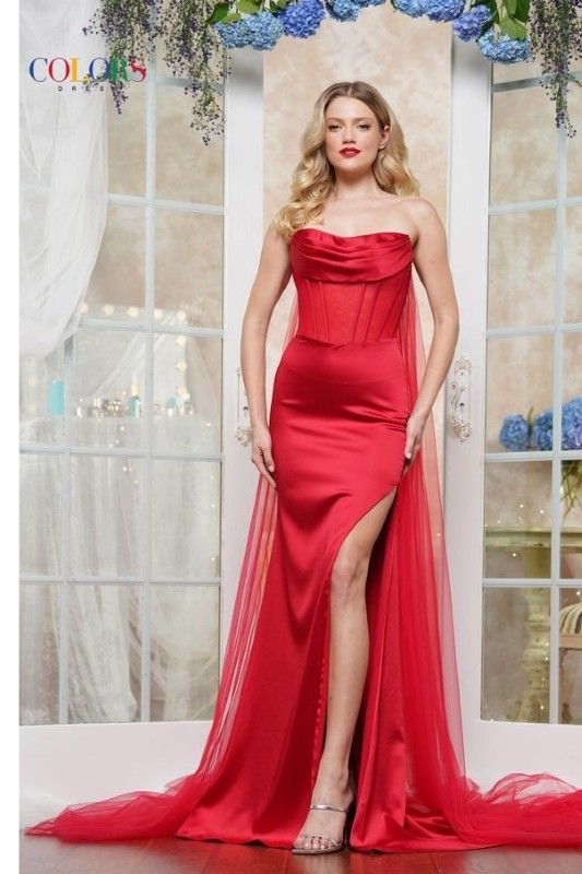 Colors Dress -3520 Scoop Neck Satin Sheath Dress