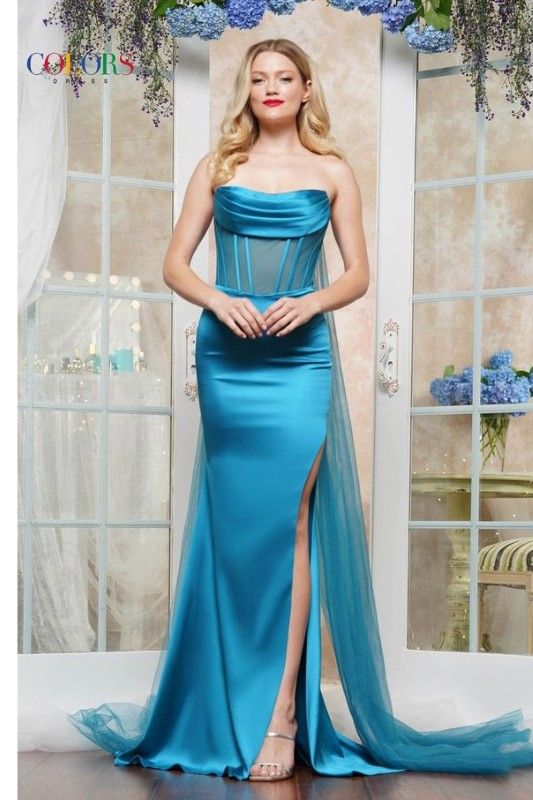 Colors Dress -3520 Scoop Neck Satin Sheath Dress