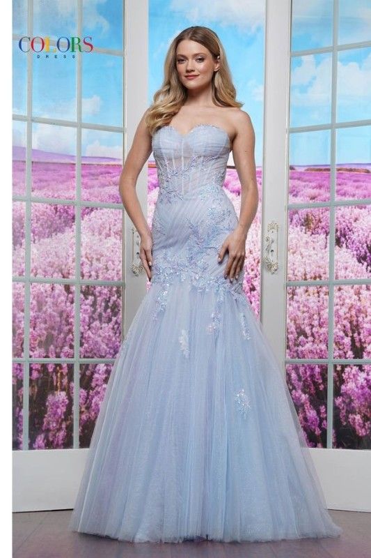 Colors Dress -3529 Strapless Applique Sequin Trumpet Dress