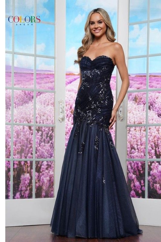 Colors Dress -3529 Strapless Applique Sequin Trumpet Dress