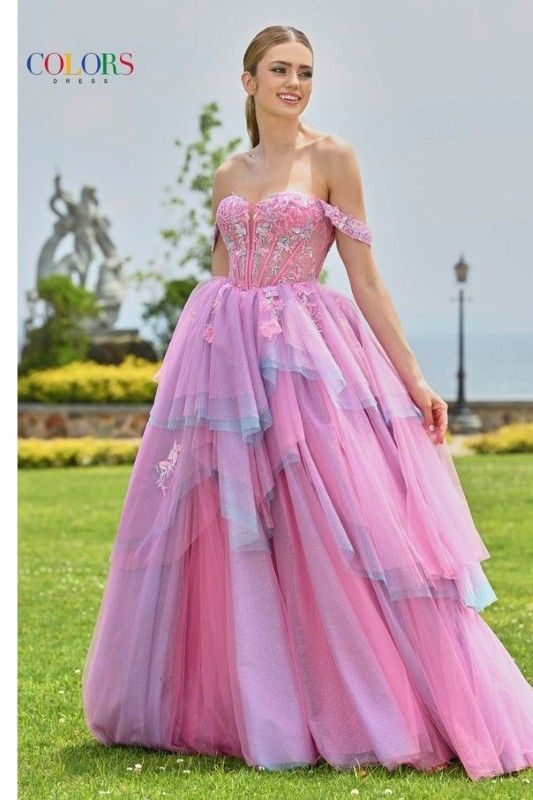 Colors Dress -3534 Off Shoulder Embroidered Tulle Ball Gown