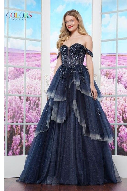 Colors Dress -3534 Off Shoulder Embroidered Tulle Ball Gown