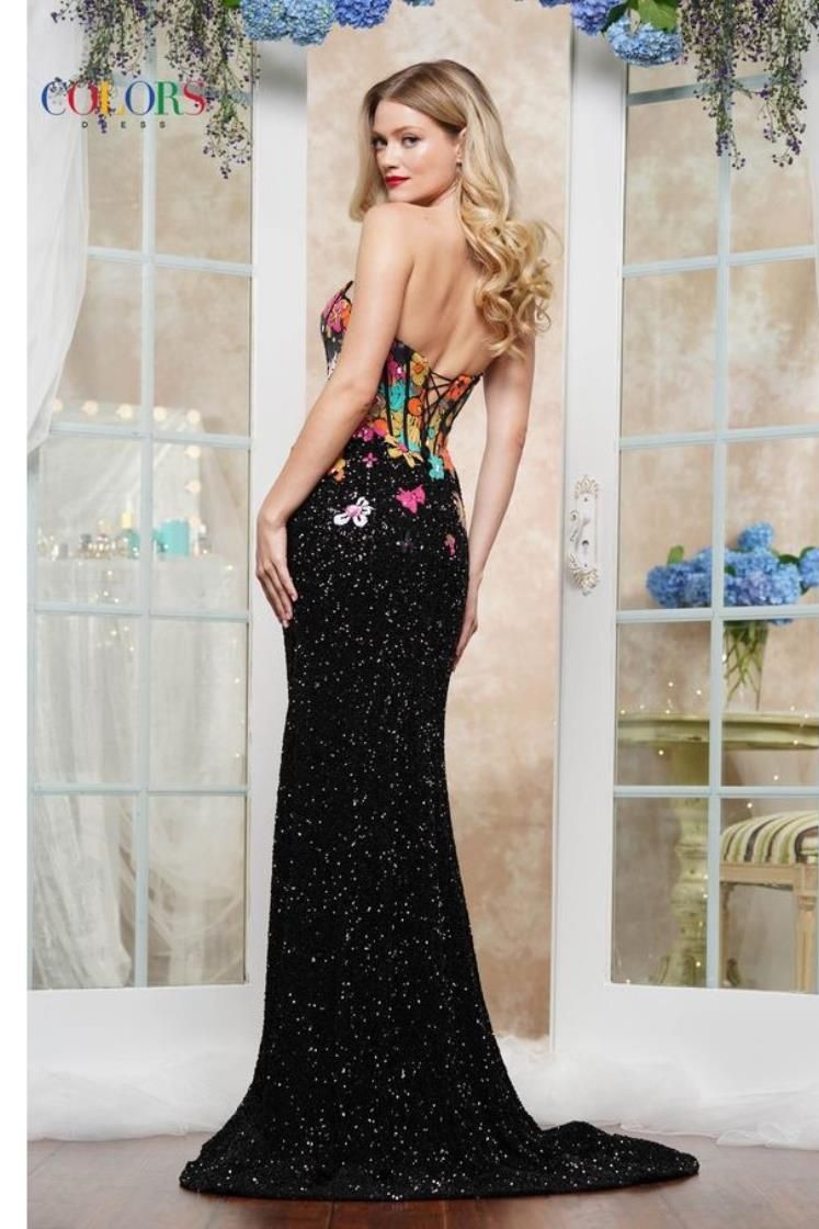 Colors Dress -3561 Corset Bodice Floral Sequin Sheath Dress