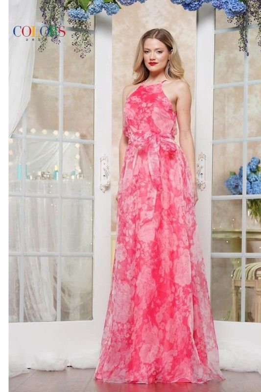 Colors Dress -3573 Halter Neck Organza Printed Ball Gown