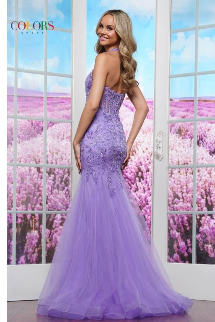 Colors Dress -3590 Halter Neck Applique Mermaid Dress