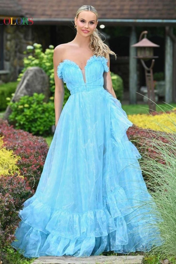 Colors Dress -3591 Pleated ruffle organza gown with slit