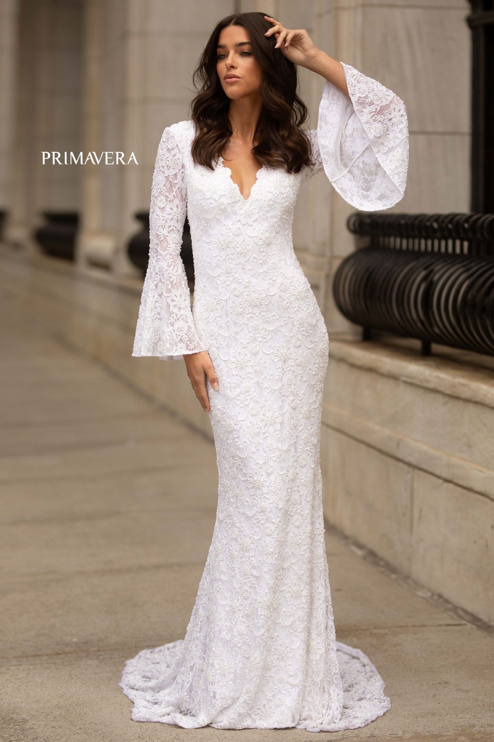 Bell Sleeve Beaded Lace Bridal Gown By Primavera Bridal -3593