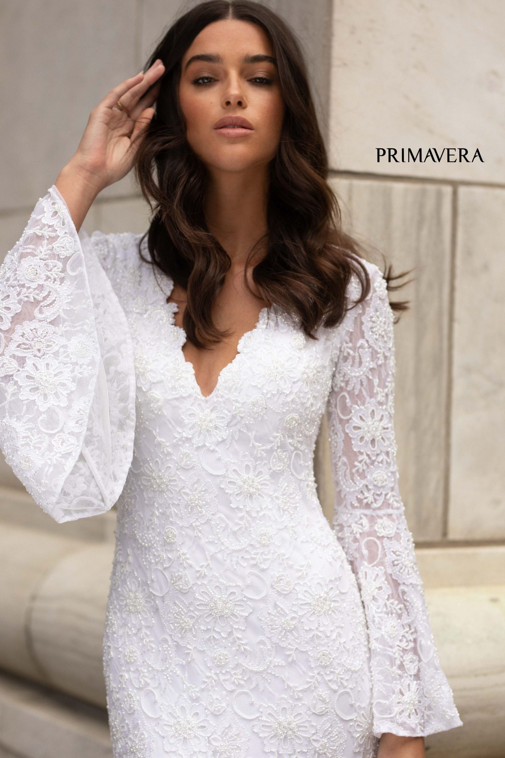 Bell Sleeve Beaded Lace Bridal Gown By Primavera Bridal -3593