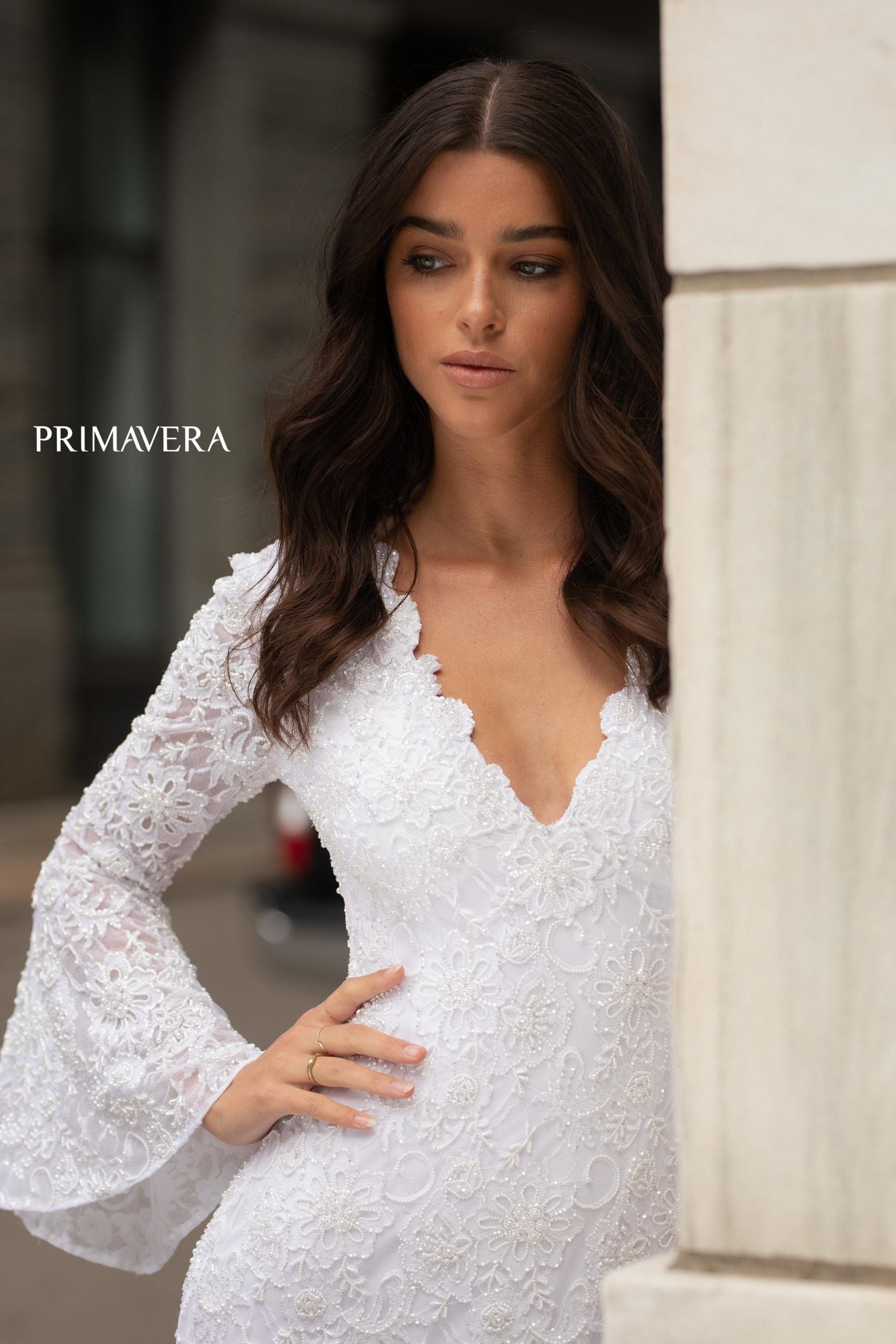 Bell Sleeve Beaded Lace Bridal Gown By Primavera Bridal -3593