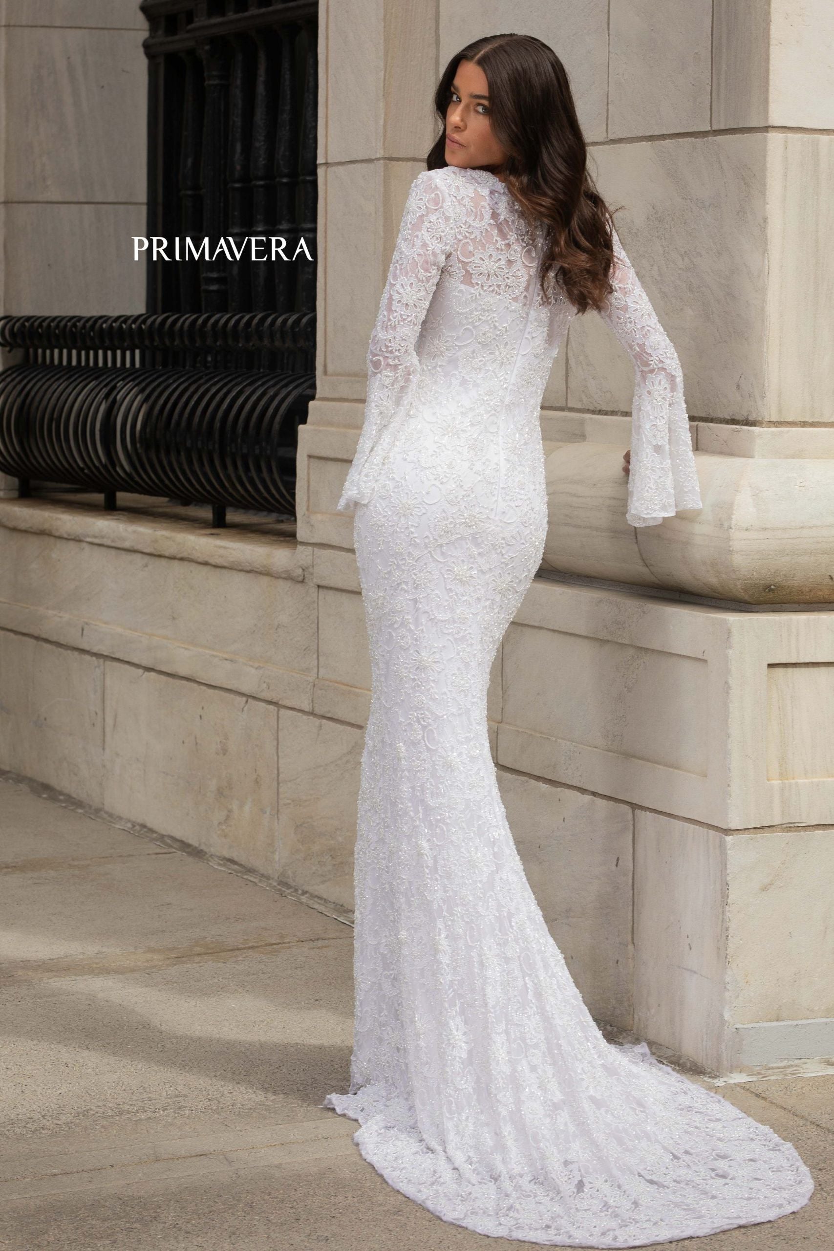 Bell Sleeve Beaded Lace Bridal Gown By Primavera Bridal -3593