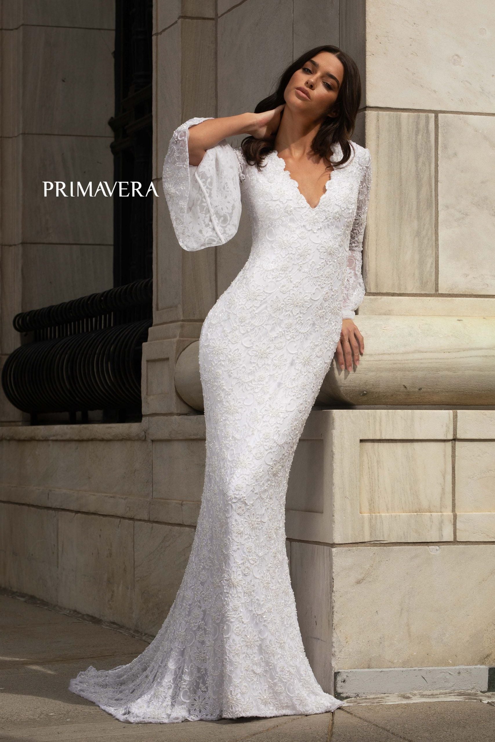 Bell Sleeve Beaded Lace Bridal Gown By Primavera Bridal -3593