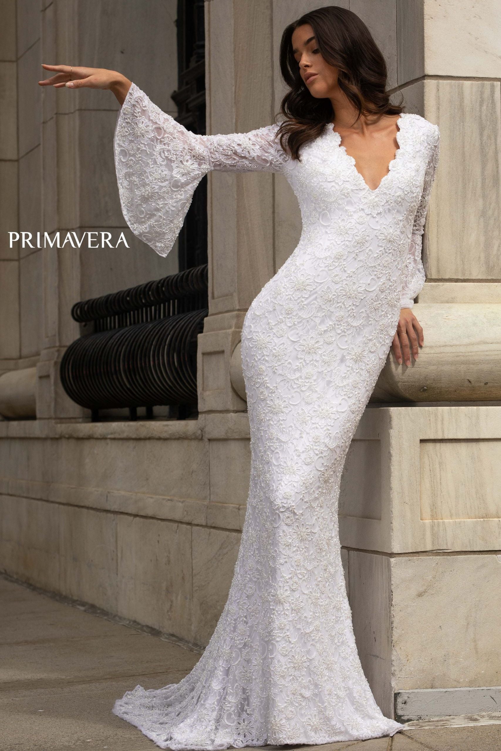 Bell Sleeve Beaded Lace Bridal Gown By Primavera Bridal -3593