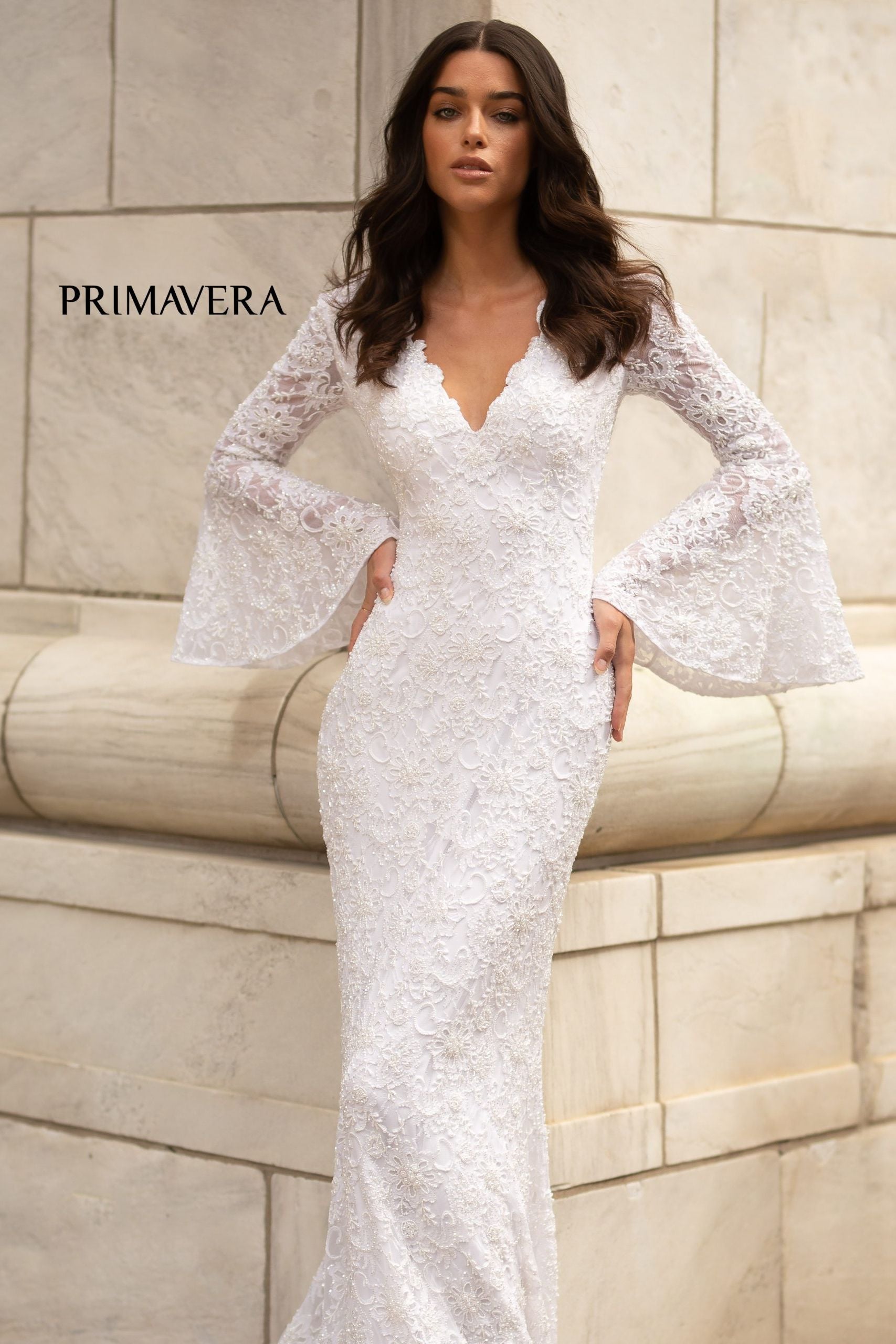 Bell Sleeve Beaded Lace Bridal Gown By Primavera Bridal -3593