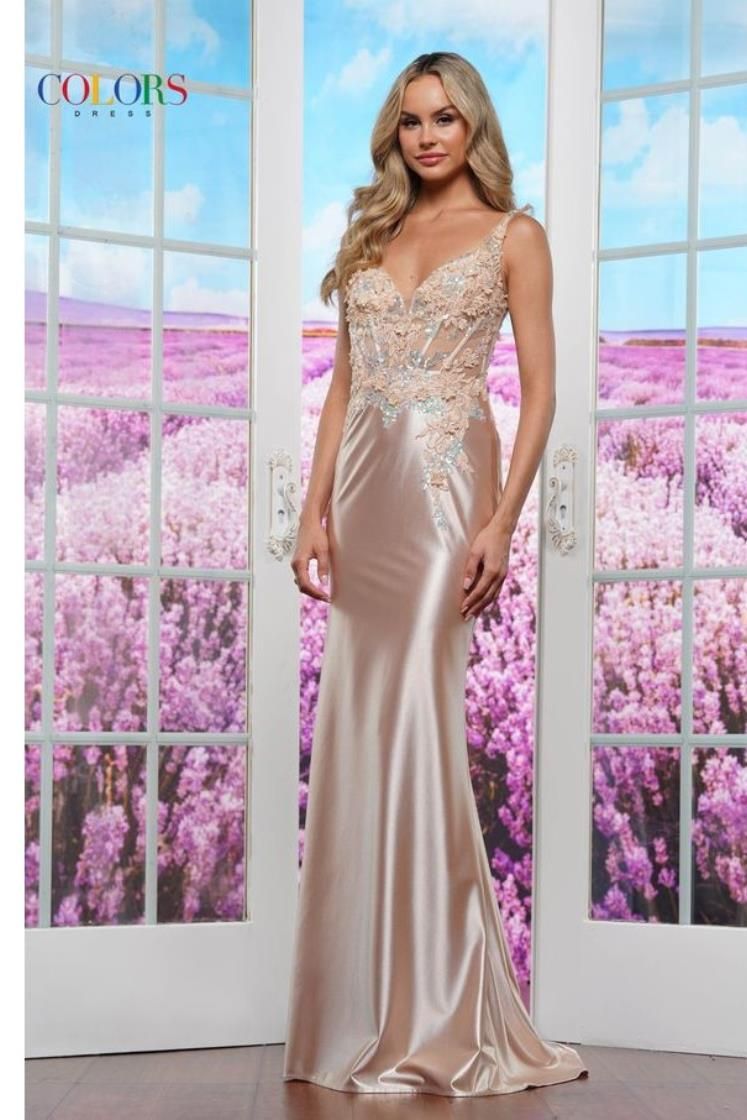 Colors Dress -3596 Sweetheart Corset Embroidered Metallic Jersey Dress