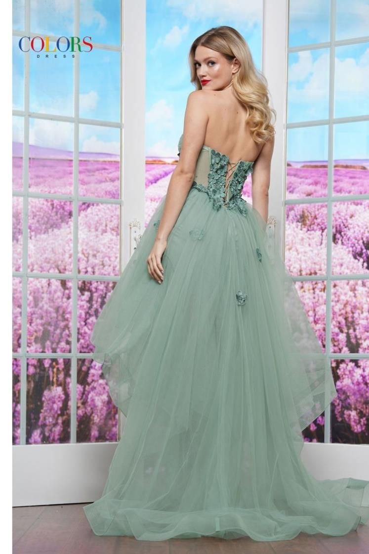 Colors Dress -3600 Strapless Floral Applique High Low Dress