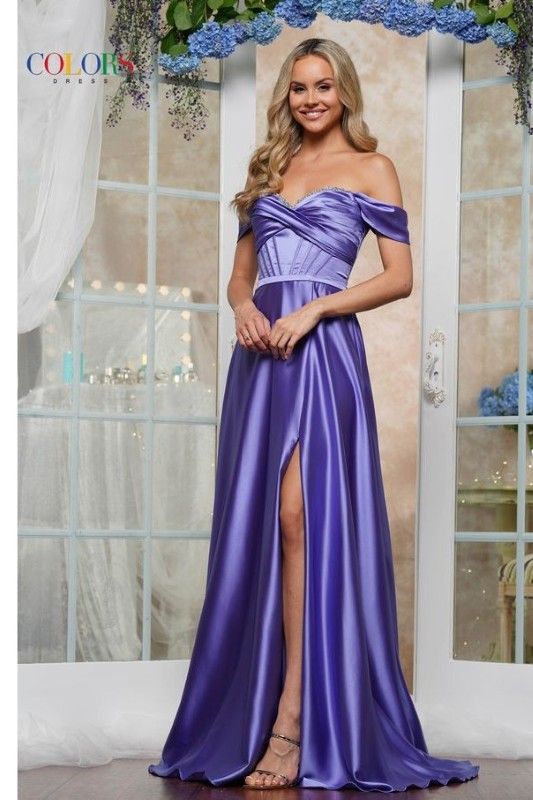 Colors Dress -3606 Off Shoulder Corset Bodice A-Line Dress