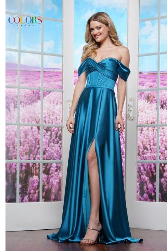 Colors Dress -3606 Off Shoulder Corset Bodice A-Line Dress