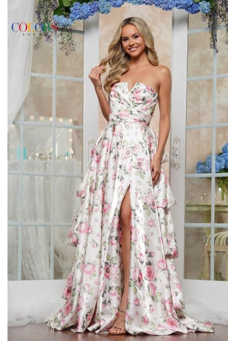 Colors Dress -3608 Floral Printed Satin A-Line Dress