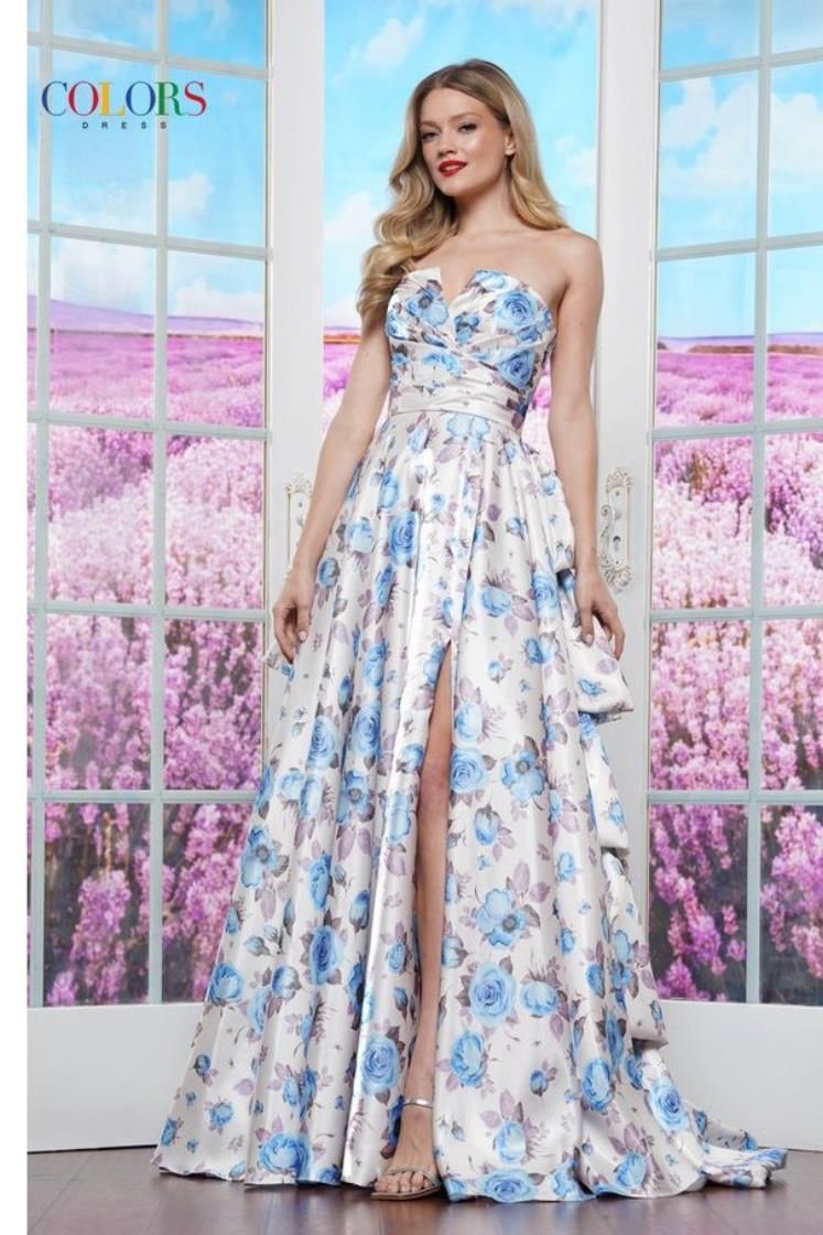 Colors Dress -3608 Floral Printed Satin A-Line Dress