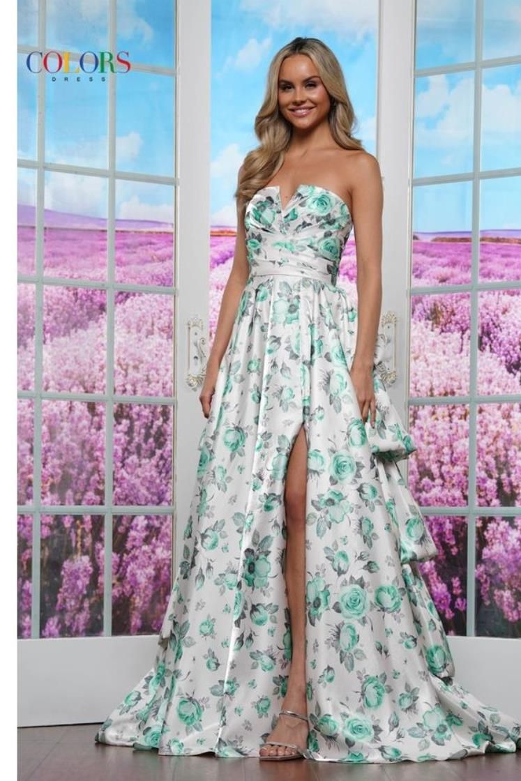 Colors Dress -3608 Floral Printed Satin A-Line Dress