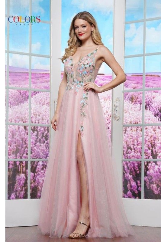 Colors Dress -3612 Floral Applique Tulle A-Line Dress