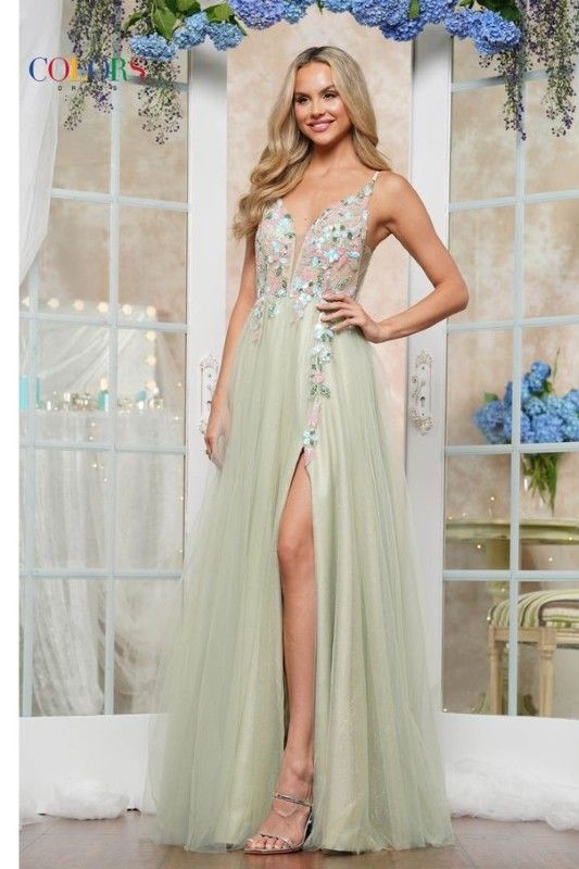 Colors Dress -3612 Floral Applique Tulle A-Line Dress