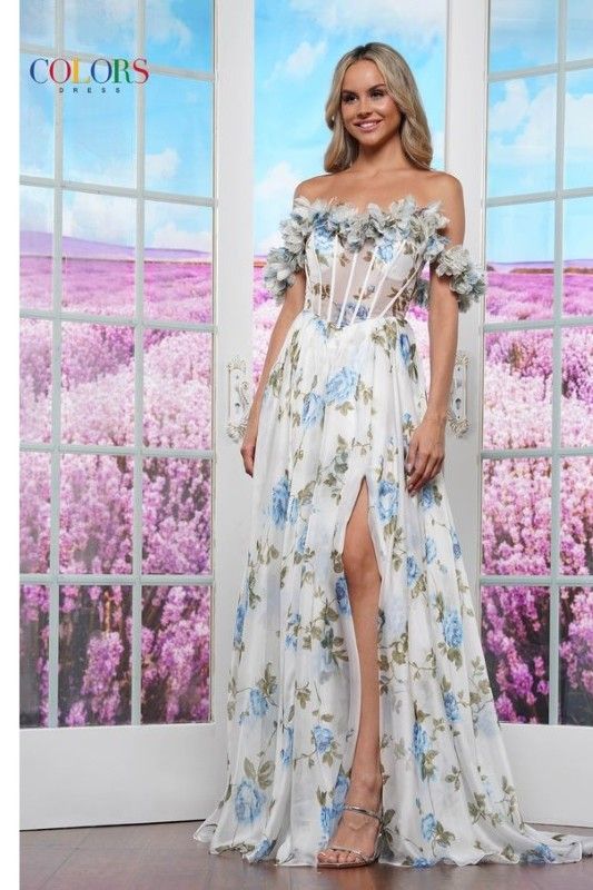 Colors Dress -3615 Off Shoulder Floral Printed A-Line Dress